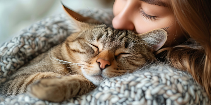 Katze schläft auf dem Arm der Besitzerin