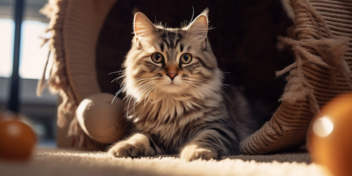 Katze liegt in einer Katzenhöhle und schaut heraus